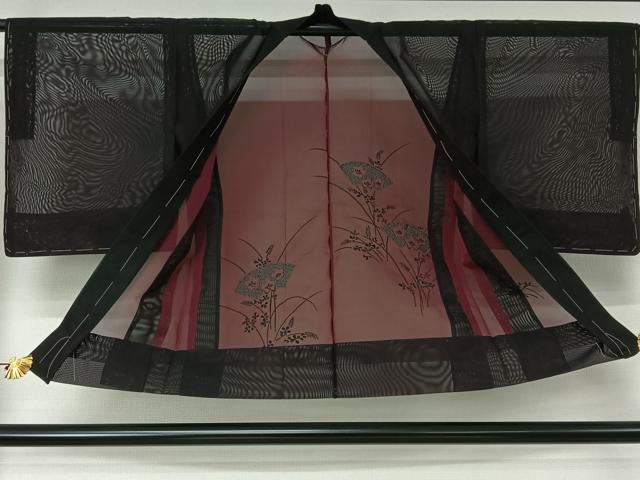 平和屋着物▽羽織　スリーシーズン　春夏秋　塵除け　総刺繍　地紙花文　黒地　正絹　逸品　AABJ6104jh