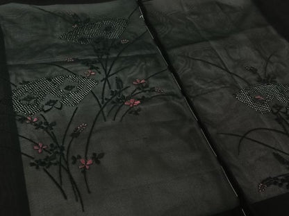 平和屋着物▽羽織　スリーシーズン　春夏秋　塵除け　総刺繍　地紙花文　黒地　正絹　逸品　AABJ6104jh