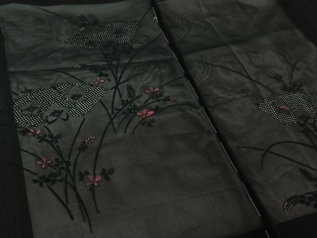 平和屋着物▽羽織　スリーシーズン　春夏秋　塵除け　総刺繍　地紙花文　黒地　正絹　逸品　AABJ6104jh