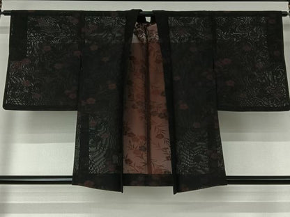 平和屋着物▽羽織　スリーシーズン　春夏秋　塵除け　草花文　黒地　正絹　逸品　AABJ6106jh