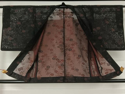 平和屋着物▽羽織　スリーシーズン　春夏秋　塵除け　草花文　黒地　正絹　逸品　AABJ6106jh