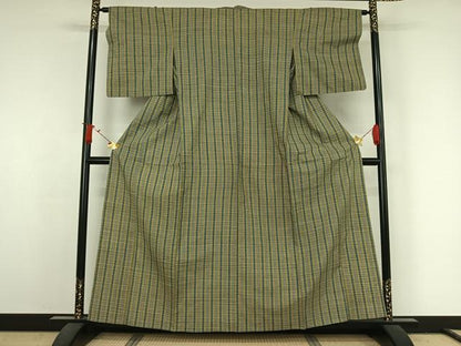 平和屋着物▽上質な紬　単衣　格子　正絹　逸品　AABJ6116jh