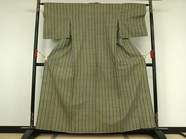 平和屋着物▽上質な紬　単衣　格子　正絹　逸品　AABJ6116jh