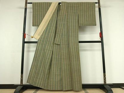 平和屋着物▽上質な紬　単衣　格子　正絹　逸品　AABJ6116jh