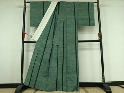 平和屋着物▽結城紬　単衣　80亀甲　幾何学文様　正絹　逸品　AABJ6118jh