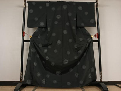 平和屋着物▽小紋　単衣　麻の葉丸文　黒地　洗える着物　AABJ6120jh