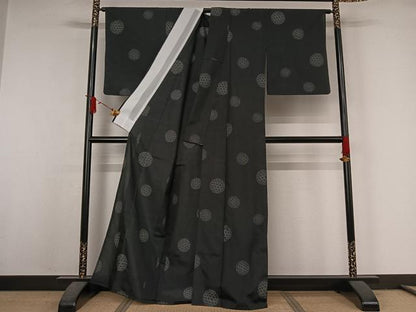 平和屋着物▽小紋　単衣　麻の葉丸文　黒地　洗える着物　AABJ6120jh