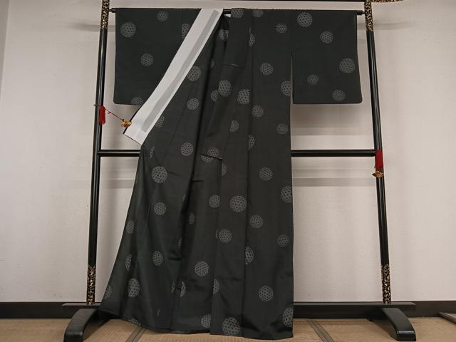 平和屋着物▽小紋　単衣　麻の葉丸文　黒地　洗える着物　AABJ6120jh
