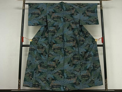 平和屋着物▽上質な紬　単衣　風景文　正絹　逸品　AABJ6121jh