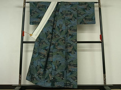 平和屋着物▽上質な紬　単衣　風景文　正絹　逸品　AABJ6121jh