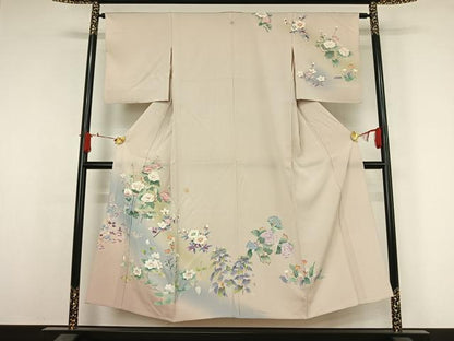平和屋着物▽訪問着　単衣　友禅　草花文　暈し染め　正絹　逸品　AABJ6122jh