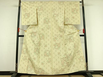 平和屋着物▽上質な紬　単衣　麻の葉文様　正絹　逸品　AABJ6124jh