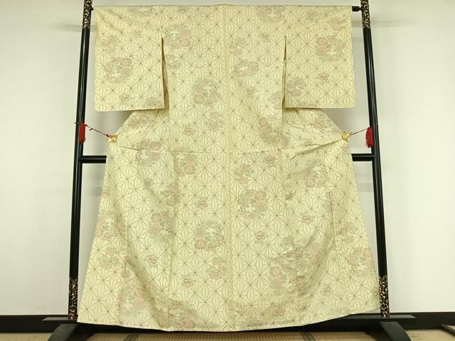 平和屋着物▽上質な紬　単衣　麻の葉文様　正絹　逸品　AABJ6124jh