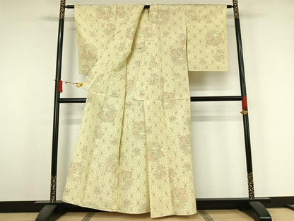 平和屋着物▽上質な紬　単衣　麻の葉文様　正絹　逸品　AABJ6124jh