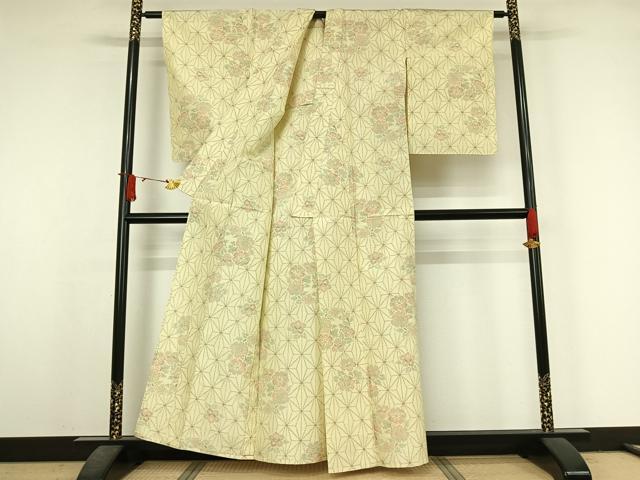 平和屋着物▽上質な紬　単衣　麻の葉文様　正絹　逸品　AABJ6124jh