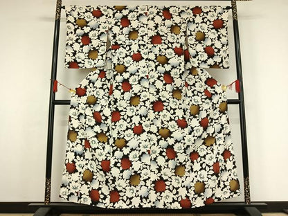平和屋着物▽上質な小紋　単衣　草花文　黒地　正絹　逸品　AABJ6125jh