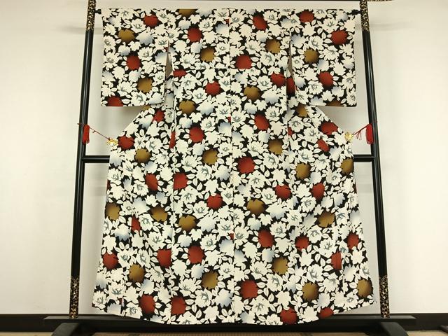 平和屋着物▽上質な小紋　単衣　草花文　黒地　正絹　逸品　AABJ6125jh