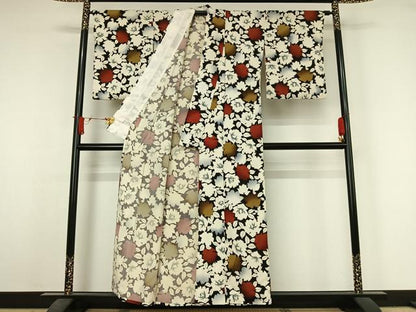 平和屋着物▽上質な小紋　単衣　草花文　黒地　正絹　逸品　AABJ6125jh