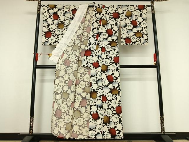 平和屋着物▽上質な小紋　単衣　草花文　黒地　正絹　逸品　AABJ6125jh