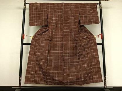 平和屋着物▽上質な紬　単衣　格子　正絹　逸品　AABJ6126jh