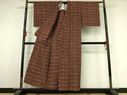平和屋着物▽上質な紬　単衣　格子　正絹　逸品　AABJ6126jh