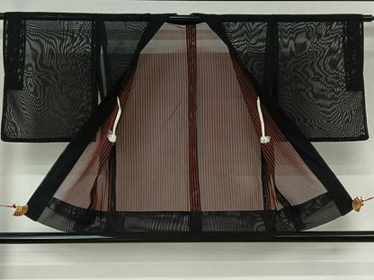 平和屋着物▽羽織　スリーシーズン　春夏秋　塵除け　縞　黒地　正絹　逸品　AABJ6129jh
