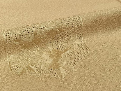 平和屋着物▽無地絵羽訪問着　単衣　中国三大刺繍　汕頭刺繍　スワトウ刺繍　総刺繍　亀甲花地紋　肌色　正絹　逸品　AABJ6131jh
