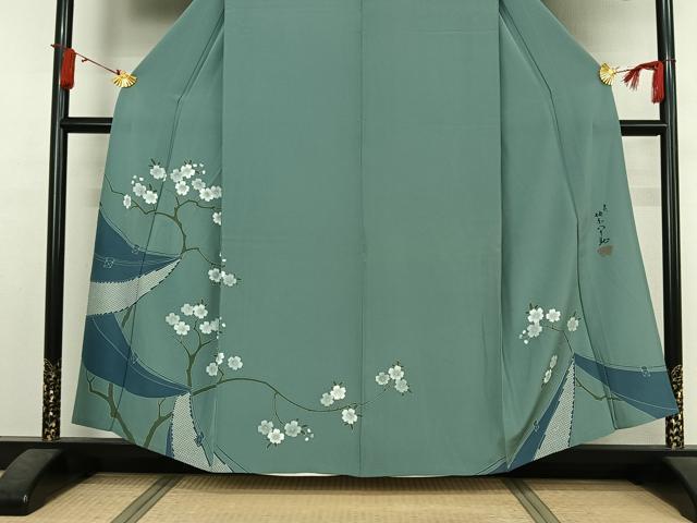平和屋着物▽五代 歌舞伎役者　坂東八十助　訪問着　単衣　枝花文　舟　金彩　正絹　逸品　未使用　AABJ6135jh
