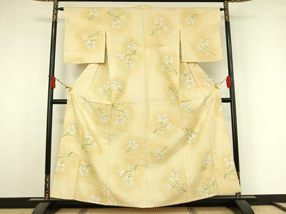 平和屋着物▽上質な紬　単衣　草花文　正絹　逸品　AABJ6142jh