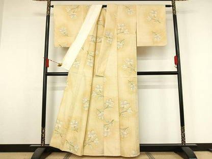 平和屋着物▽上質な紬　単衣　草花文　正絹　逸品　AABJ6142jh