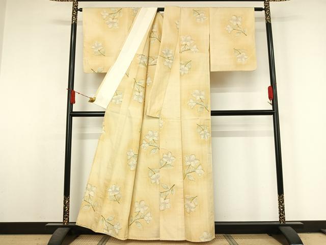 平和屋着物▽上質な紬　単衣　草花文　正絹　逸品　AABJ6142jh