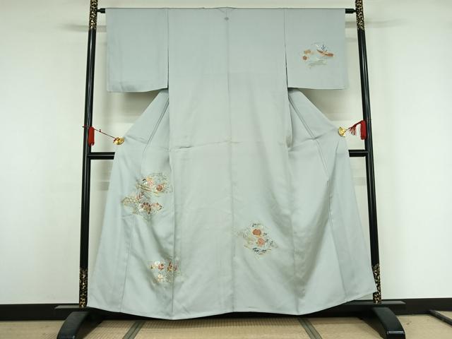 平和屋着物▽訪問着　単衣　総刺繍　駒刺繍　冊子花文　金糸　正絹　逸品　AABJ6145jh