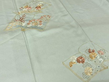 平和屋着物▽訪問着　単衣　総刺繍　駒刺繍　冊子花文　金糸　正絹　逸品　AABJ6145jh