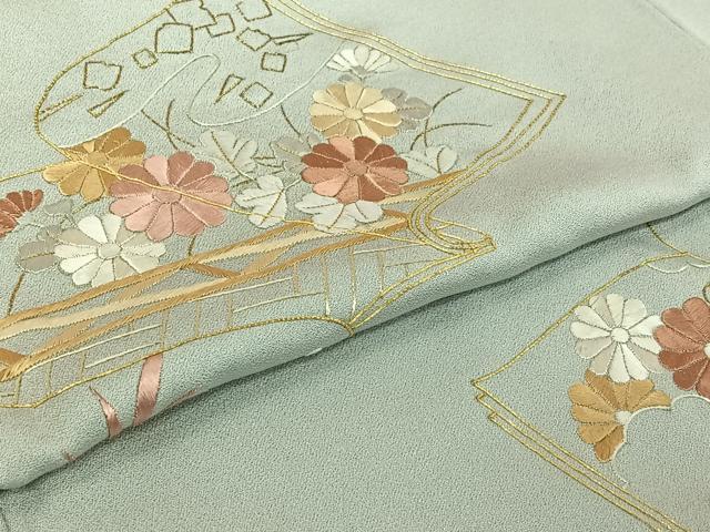 平和屋着物▽訪問着　単衣　総刺繍　駒刺繍　冊子花文　金糸　正絹　逸品　AABJ6145jh