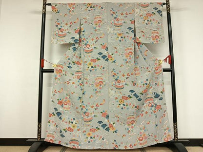 平和屋着物▽上質な小紋　単衣　型染め　飾花文　鬼しぼ縮緬　正絹　逸品　AABJ6149jh
