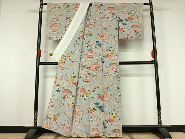 平和屋着物▽上質な小紋　単衣　型染め　飾花文　鬼しぼ縮緬　正絹　逸品　AABJ6149jh