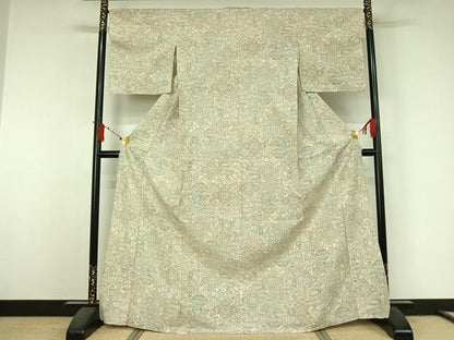 平和屋着物▽上質な紬　単衣　吉祥花文　正絹　逸品　AABJ6151jh