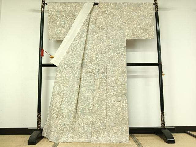 平和屋着物▽上質な紬　単衣　吉祥花文　正絹　逸品　AABJ6151jh