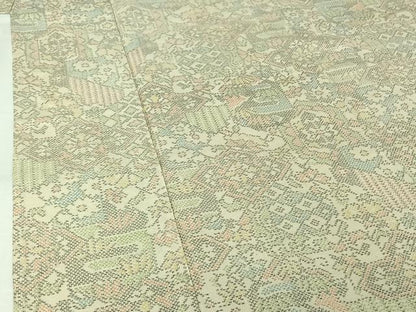 平和屋着物▽上質な紬　単衣　吉祥花文　正絹　逸品　AABJ6151jh