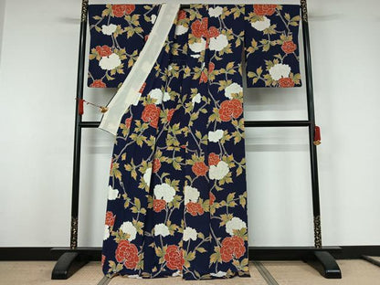平和屋着物▽上質な小紋　単衣　枝花文　正絹　逸品　AABJ6152jh
