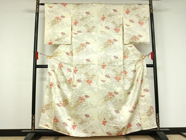 平和屋着物▽上質な小紋　単衣　風景舞扇花文　正絹　逸品　AABJ6154jh