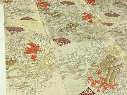 平和屋着物▽上質な小紋　単衣　風景舞扇花文　正絹　逸品　AABJ6154jh