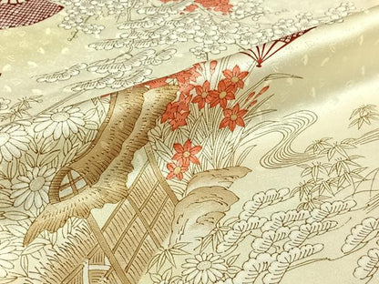 平和屋着物▽上質な小紋　単衣　風景舞扇花文　正絹　逸品　AABJ6154jh