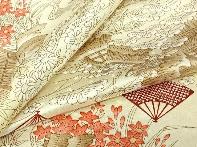 平和屋着物▽上質な小紋　単衣　風景舞扇花文　正絹　逸品　AABJ6154jh