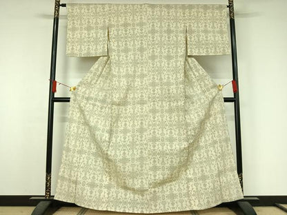 平和屋着物▽本塩沢　単衣　草花文　正絹　逸品　AABJ6157jh