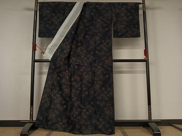 平和屋着物▽上質な紬　単衣　草花文　正絹　逸品　AABJ6161jh