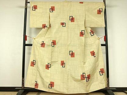 平和屋着物▽上質な紬　単衣　幾何学文様　正絹　逸品　AABJ6162jh