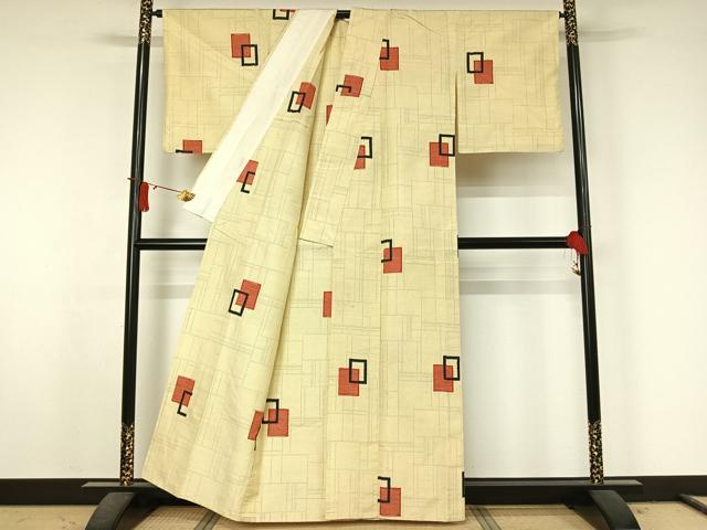 平和屋着物▽上質な紬　単衣　幾何学文様　正絹　逸品　AABJ6162jh