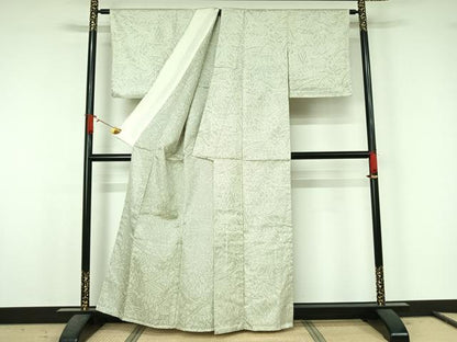 平和屋着物▽上質な紬　単衣　流水草葉文　正絹　逸品　AABJ6164jh