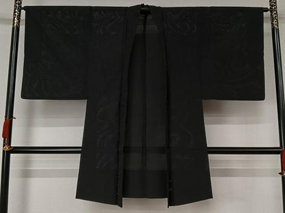 平和屋着物▽男性　長羽織　スリーシーズン　春夏秋　塵除け　黒地　正絹　逸品　AABJ6165jh